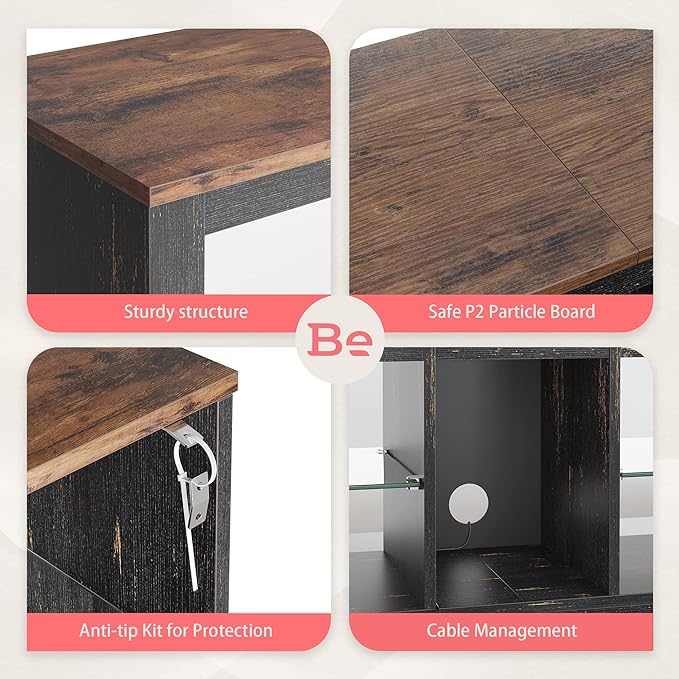 Bestier RGB TV Stand for 65+ Gaming Entertainment Center Gaming LED TV Media Console Table with 2 Glass Shelf PS Gaming TV Cabinet for Living Room, Golden Black - LeafyLoom