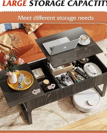 WLIVE Lift Top Coffee Table with Storage, Coffee Table with Lifting Top & Sliding Top, Wood Coffee Table for Living Room, Modern Center Table with 2 Hidden Compartment for Home, Office, Charcoal Black - LeafyLoom
