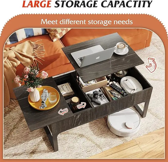 WLIVE Lift Top Coffee Table with Storage, Coffee Table with Lifting Top & Sliding Top, Wood Coffee Table for Living Room, Modern Center Table with 2 Hidden Compartment for Home, Office, Charcoal Black - LeafyLoom