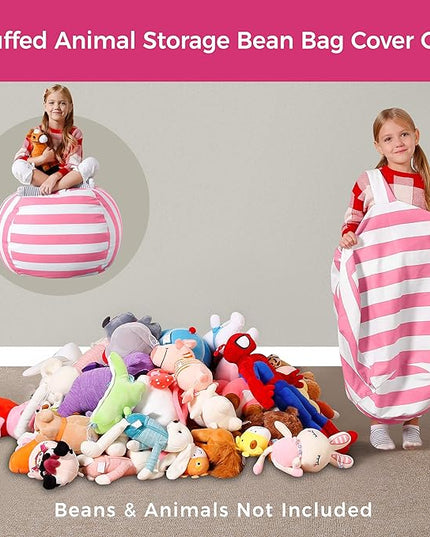 Aubliss Stuffed Animal Bean Bag Storage Chair, Beanbag Covers Only for Organizing Plush Toys, Turns into Bean Bag Seat for Kids When Filled, Medium 32"-Canvas Stripes Pink/White - LeafyLoom
