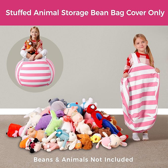 Aubliss Stuffed Animal Bean Bag Storage Chair, Beanbag Covers Only for Organizing Plush Toys, Turns into Bean Bag Seat for Kids When Filled, Medium 32"-Canvas Stripes Pink/White - LeafyLoom
