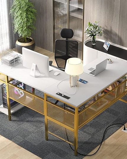 Unikito L Shaped Desk with Power Outlets and USB Charging Ports, Reversible L-Shaped Corner Desks with Storage Shelves, Unique Grid Design, 2 Person Gaming Computer Table for Home Office, White - LeafyLoom