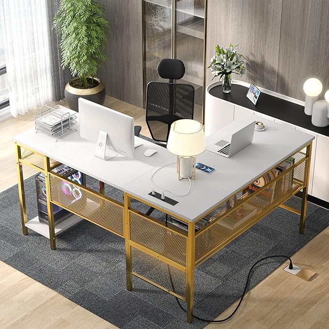 Unikito L Shaped Desk with Power Outlets and USB Charging Ports, Reversible L-Shaped Corner Desks with Storage Shelves, Unique Grid Design, 2 Person Gaming Computer Table for Home Office, White - LeafyLoom