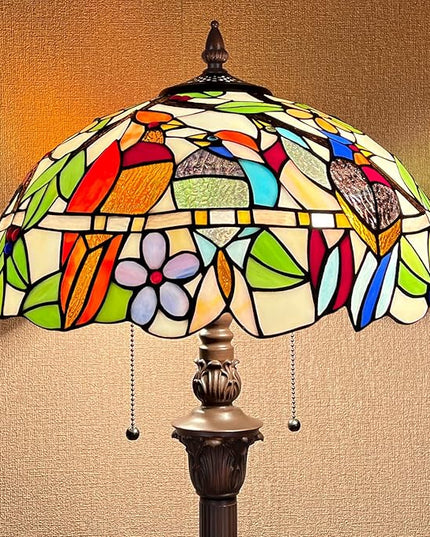 Capulina Tiffany Floor Lamp 2-Light 16X16X66 Inches Cardinal Birds Vintage Style Stained Glass Standing Reading Light for Living Room Bedroom Home Office - LeafyLoom