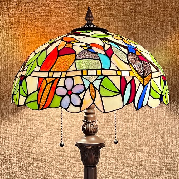 Capulina Tiffany Floor Lamp 2-Light 16X16X66 Inches Cardinal Birds Vintage Style Stained Glass Standing Reading Light for Living Room Bedroom Home Office - LeafyLoom