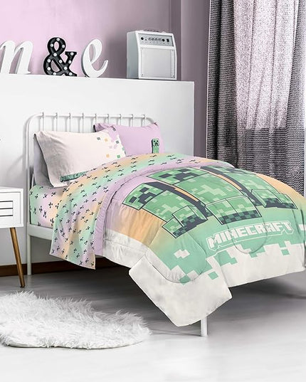 Minecraft Creeper Twin Comforter Set - 5 Piece Bedding includes Sheet Set & Pillow Covers - Super Soft Pink & Green Kids Bedding - LeafyLoom