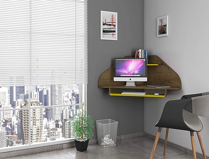 Manhattan Comfort Bradley Mid Century Modern Home Office Floating Corner Desk with Keyboard Shelf, 43.98", Rustic Brown/Yellow - LeafyLoom