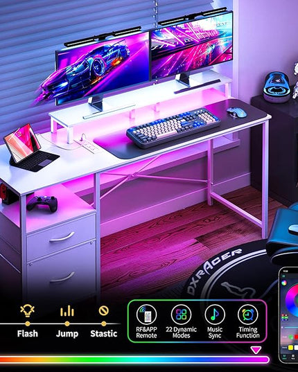 Yoobure Computer Desk, Office Desk with LED Lights & Power Outlets, Gaming Desk with Fabric File Cabinet, 55.1" Home Office Desks， Writing Desk with Drawers, Computer Table with Long Monitor Stand - LeafyLoom