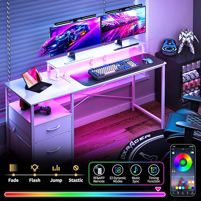 Yoobure Computer Desk, Office Desk with LED Lights & Power Outlets, Gaming Desk with Fabric File Cabinet, 55.1" Home Office Desks, Writing Desk with Drawers, Computer Table with Long Monitor Stand - LeafyLoom