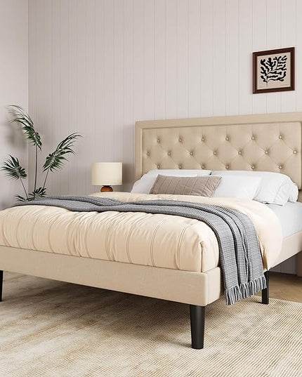 Allewie Full Size Button Tufted Platform Bed Frame/Fabric Upholstered Bed Frame with Adjustable Headboard/Wood Slat Support/Mattress Foundation/Beige (Full) - LeafyLoom