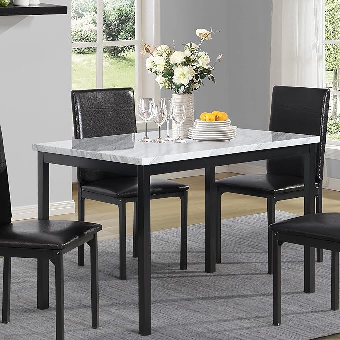 Roundhill Furniture Noyes Metal Dining Table with Laminated Faux Marble Top, 28.50 x 45.00 x 30.00 Inches, Off-white - LeafyLoom