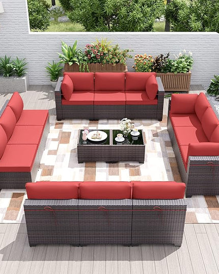 Patio Furniture Set 14-Pieces Outdoor Furniture for Backyard Wicker Sectional Sofa Set, Rattan Patio Conversation Set with Thickened Cushions and Glass Coffee Table, Red - LeafyLoom