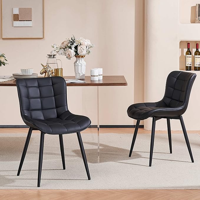 YOUTASTE Black Dining Chairs Set of 2 PU Leather Upholstered Modern Armless Dining Room Chair with Back Metal Legs Kitchen Dinner Accent Guest Chairs for Vanity Reception Waiting Room - LeafyLoom