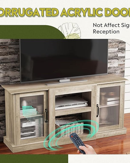 WLIVE Retro TV Stand for 65 inch TV, TV Console Cabinet with Storage, Open Shelves Entertainment Center for Living Room and Bedroom, Greige - LeafyLoom