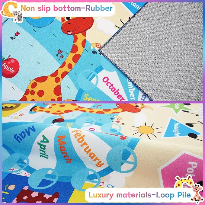 Chicrug Educational Kid Area Rug for Playroom, 4x6 Feet TPR Non Slip Kids Classroom Carpet Rug for Learning ABC Animal, Shape Color Fruit, Washable Play Mat Rug for Children Nursery Toddler Room Decor - LeafyLoom