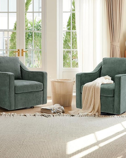 COLAMY 360° Swivel Accent Chair Set of 2, Upholstered Fabric Leisure Armchair with Lumbar Pillow for Living Room Bedroom Home Office, Green - LeafyLoom