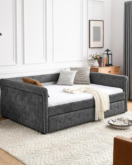 Upholstered Full Size Daybed with Twin Trundle, Solid Wood Sofa Bed Frame w/Button Tufted and Copper Nail on Square Arms, for Bedroom, Guest Room, No Spring Box Need, Grey - LeafyLoom