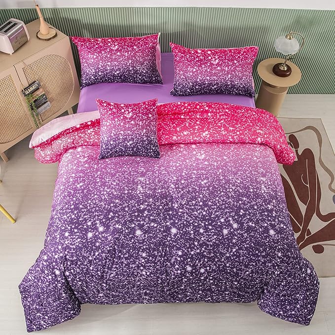 PERFEMET Purple Comforter Set Full Size - 6Pcs Colorful Rainbow Girls Bedding Set - Sparkly Pastel Ombre Bed in A Bag - (1 Comforter, 1 Flat Sheet, 1 Fitted Sheet, 2 Pillowcases, 1 Cushion Cover) - LeafyLoom