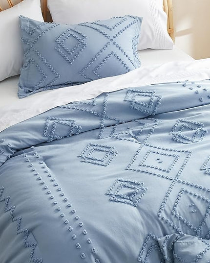 Bedsure Boho Comforter Set Queen - Mineral Blue Tufted Bedding Comforter Set, 3 Pieces Farmhouse Shabby Chic Embroidery Bedding Set, Soft Geometric Pattern Comforter for All Seasons - LeafyLoom