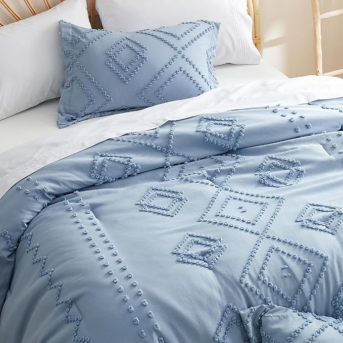 Bedsure Boho Comforter Set Full - Mineral Blue Tufted Bedding Comforter Set, 3 Pieces Farmhouse Shabby Chic Embroidery Bedding Set, Soft Geometric Pattern Comforter for All Seasons - LeafyLoom