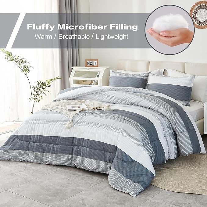 Litanika Light Grey California King Comforter Set, 3 Pieces Cal King Lightweight Gray White Colorblock Stripe Bedding Comforter Sets, Fluffy Bed Set - LeafyLoom