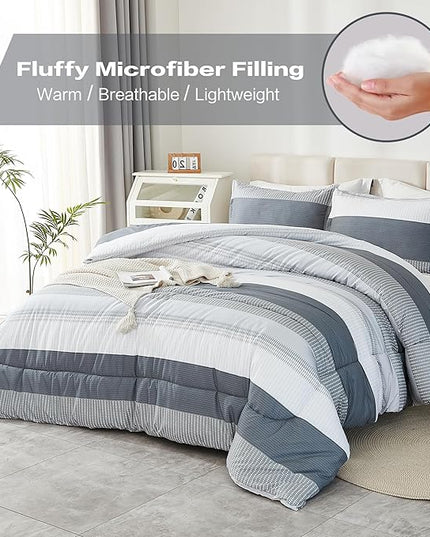 Litanika Comforter King Size Bed Set Light Grey - 3 Pieces Lightweight Bedding Comforter Sets Gray White Colorblock Stripe Fluffy All Season Bed Set - LeafyLoom