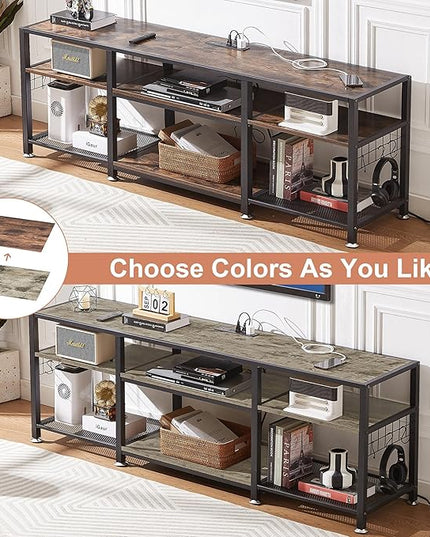 VECELO TV Stand with Power Outlets for Televisions Up to 75 Inch, Industrial Entertainment Center with 3-Tier Open Storage Shelves & 6 Hooks for Living, Bedroom and Gaming Room, 70 Inch, Rustic Grey - LeafyLoom