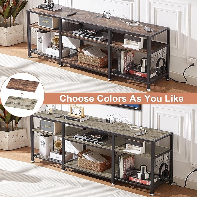 VECELO TV Stand with Power Outlets for Televisions Up to 75 Inch, Industrial Entertainment Center with 3-Tier Open Storage Shelves & 6 Hooks for Living, Bedroom and Gaming Room, 70 Inch, Rustic Grey - LeafyLoom