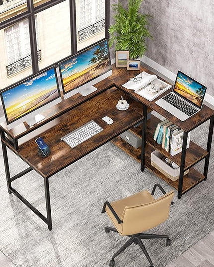 Reversible L Shaped Computer Desk with Storage Shelf, Industrial Corner Desk with Monitor Stand for Home Office - LeafyLoom