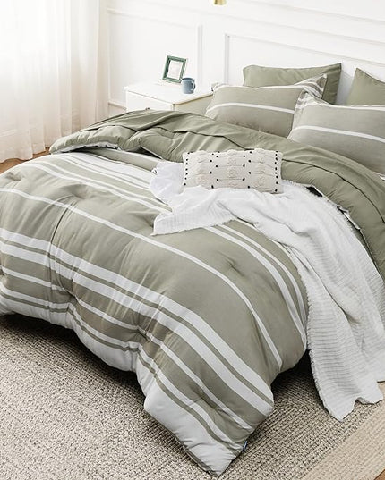 Bedsure Bed in a Bag King 7 Pieces, Olive Green White Striped Bedding Comforter Sets All Season Bed Set, 2 Pillow Shams, Flat Sheet, Fitted Sheet and 2 Pillowcases - LeafyLoom