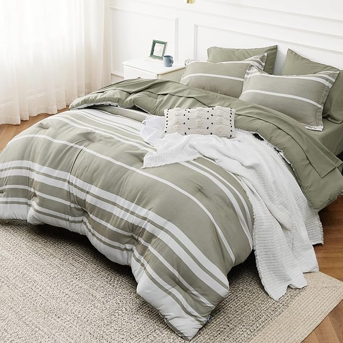 Bedsure Bed in a Bag King 7 Pieces, Olive Green White Striped Bedding Comforter Sets All Season Bed Set, 2 Pillow Shams, Flat Sheet, Fitted Sheet and 2 Pillowcases - LeafyLoom