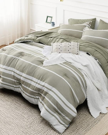 Bedsure California King Comforter Set 7 Pieces, Olive Green White Striped Bedding Comforter Sets All Season Bed Set, 2 Pillow Shams, Flat Sheet, Fitted Sheet and 2 Pillowcases - LeafyLoom