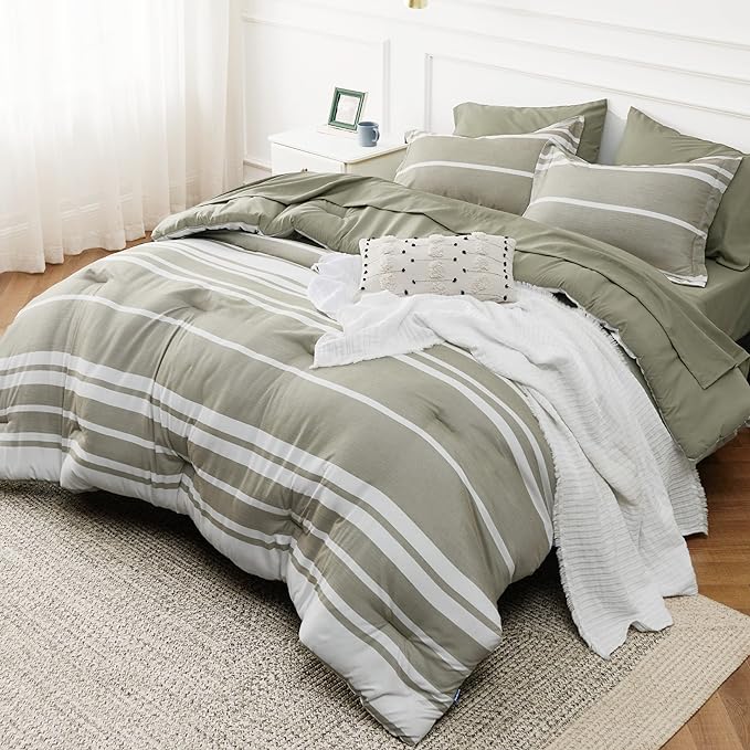 Bedsure California King Comforter Set 7 Pieces, Olive Green White Striped Bedding Comforter Sets All Season Bed Set, 2 Pillow Shams, Flat Sheet, Fitted Sheet and 2 Pillowcases - LeafyLoom