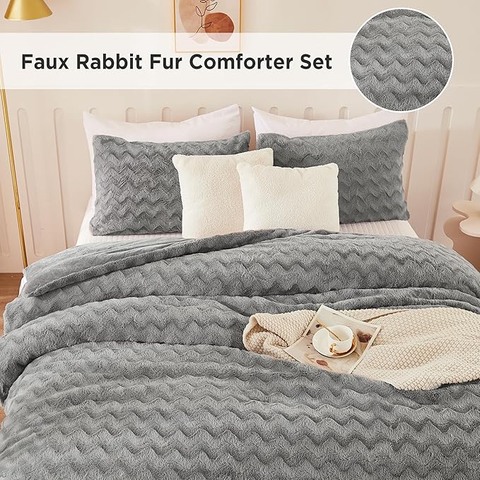 Andency Grey Fleece Comforter Set King, 3 Pieces Fuzzy Fluffy Faux Fur Bedding Comforter, Plush Shaggy Sherpa Bed Set for Winter (104x90Inch Comforter) - LeafyLoom