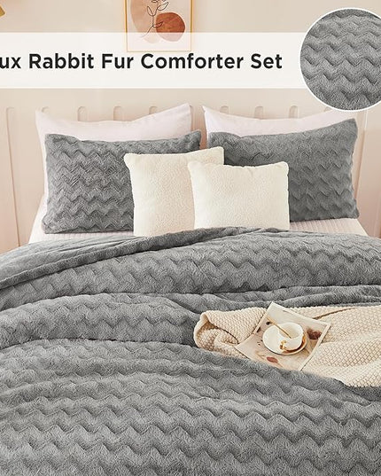 Andency Grey Fleece Comforter Set Queen Size, 3 Pieces Fuzzy Fluffy Faux Fur Bedding Comforter Set for Queen Bed, Warm Plush Shaggy Sherpa Bed Set for Women Man - LeafyLoom