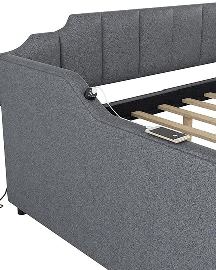 Full Size Daybed Frame with Pop up Trundle,Upholstered Day Bed with Charging Station,Daybed with Trundle Bed Full,Wood Sofa Bed Frame with USB for Bedroom, Living Room,Guest,Office,Full,Gray - LeafyLoom