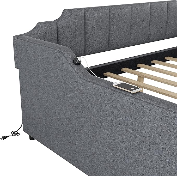 Full Size Daybed Frame with Pop up Trundle,Upholstered Day Bed with Charging Station,Daybed with Trundle Bed Full,Wood Sofa Bed Frame with USB for Bedroom, Living Room,Guest,Office,Full,Gray - LeafyLoom