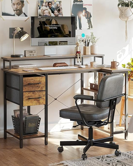 CubiCubi L Shaped Computer Desk with Monitor Stand & Shelves, 47 Inch Corner Home Office Desk Writing Table with Storage Drawer, Brown - LeafyLoom