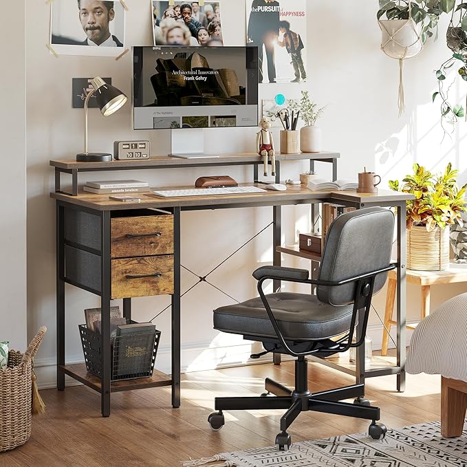 CubiCubi L Shaped Computer Desk with Monitor Stand & Shelves, 47 Inch Corner Home Office Desk Writing Table with Storage Drawer, Brown - LeafyLoom