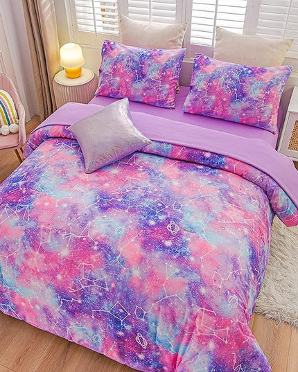 Btargot Lightweight Microfiber 6 Piece Comforter Set, Tie Dye Galaxy Constellation Pattern Bedding Set for Boys Girls Teen, Queen Purple - LeafyLoom