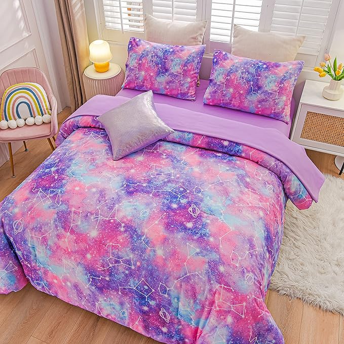 Btargot Lightweight Microfiber 6 Piece Comforter Set, Tie Dye Galaxy Constellation Pattern Bedding Set for Boys Girls Teen, Queen Purple - LeafyLoom