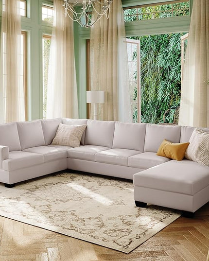 125.6" Large U-Shaped Sectional Sofa with Extra Wide Chaise Loung, Modern Oversized Modular Deep Seat Upholstered Couch for Home, Apartment, Living Room Furniture Set, Beige, 125.6 Inch - LeafyLoom