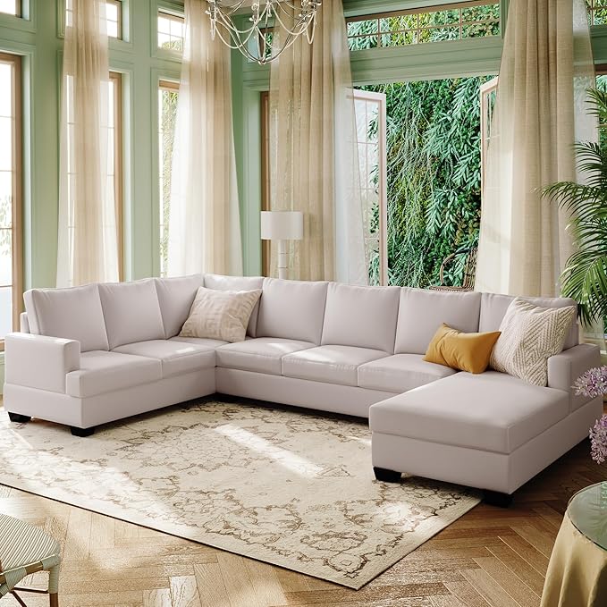 125.6" Large U-Shaped Sectional Sofa with Extra Wide Chaise Loung, Modern Oversized Modular Deep Seat Upholstered Couch for Home, Apartment, Living Room Furniture Set, Beige, 125.6 Inch - LeafyLoom