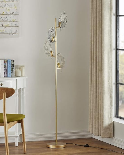 WOXXX Industrial Gold Floor Lamp with 4 Brush Black Finish Leaf Shade, Modern Tree Floor Lamps for Living Room Bedrooms Reading Standing Lamp Living Room Lamps Farmhouse Tall Lamp (4 Bulbs Included) - LeafyLoom