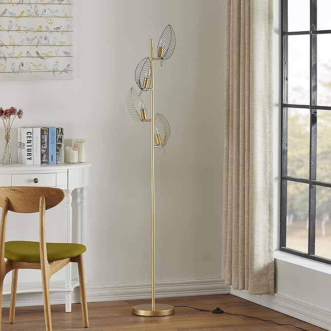 WOXXX Industrial Gold Floor Lamp with 4 Brush Black Finish Leaf Shade, Modern Tree Floor Lamps for Living Room Bedrooms Reading Standing Lamp Living Room Lamps Farmhouse Tall Lamp (4 Bulbs Included) - LeafyLoom