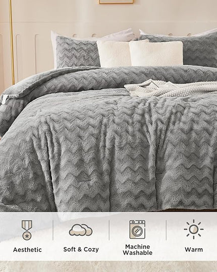 Andency Grey Fleece Comforter Set Queen Size, 3 Pieces Fuzzy Fluffy Faux Fur Bedding Comforter Set for Queen Bed, Warm Plush Shaggy Sherpa Bed Set for Women Man - LeafyLoom