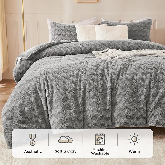 Andency Grey Fleece Comforter Set King, 3 Pieces Fuzzy Fluffy Faux Fur Bedding Comforter, Plush Shaggy Sherpa Bed Set for Winter (104x90Inch Comforter) - LeafyLoom