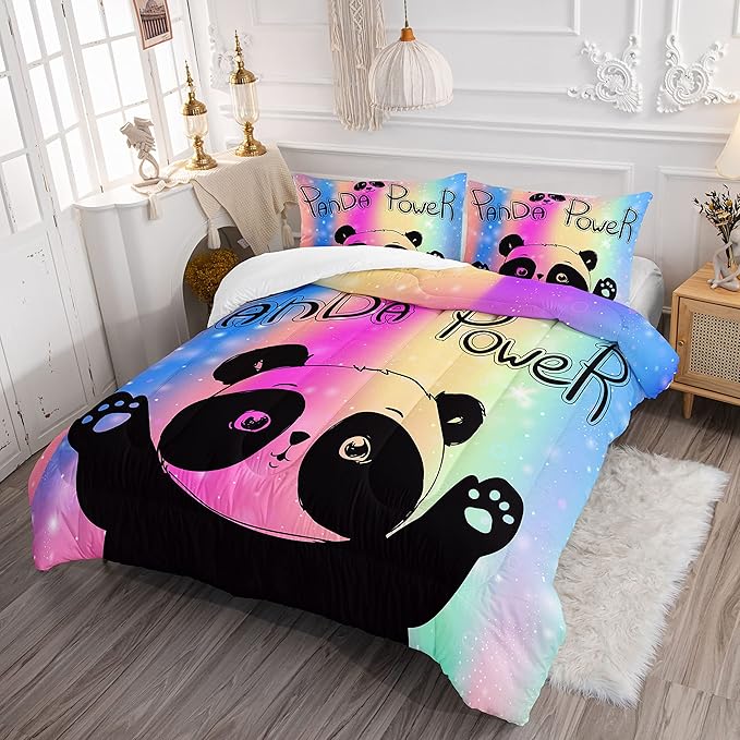 Datura home Bedding Comforter Set Rainbow Kawaii Cute Panda Printed Pattern with 1 and 2 Pillowcases for Girls Bedroom All Season(Panda Twin) Twin 68x86inches - LeafyLoom