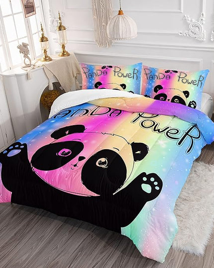 Datura home Bedding Comforter Set Rainbow Kawaii Cute Panda Printed Pattern with 1 and 2 Pillowcases for Girls Bedroom All Season(Panda Full) Full 80x90inches - LeafyLoom