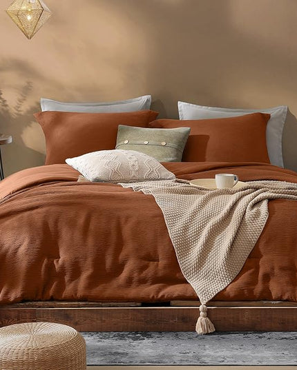 Burnt Orange Queen Comforter Set, Minimalist Lightweight Comforter for Crinkle Design Queen Bed Set, Bedding Queen Size, 3 Piece with Modern Comforter & Shams (Queen, 90"x90") - LeafyLoom